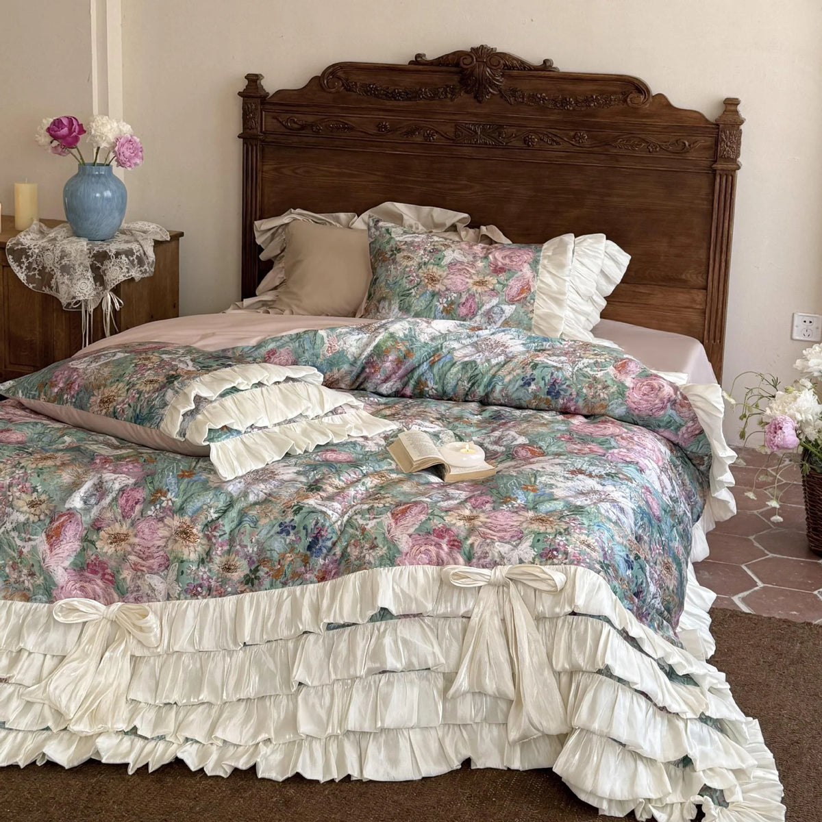 Bedding Set Floral Print Ruffle Trim 4-Piece