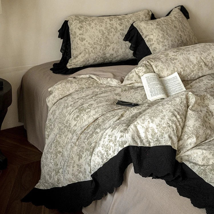 Bedding Set Floral Toile Lace Trim Cotton Blend