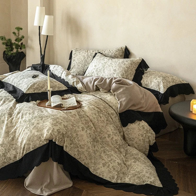 Bedding Set Floral Toile Lace Trim Cotton Blend