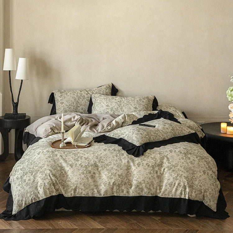 Bedding Set Floral Toile Lace Trim Cotton Blend