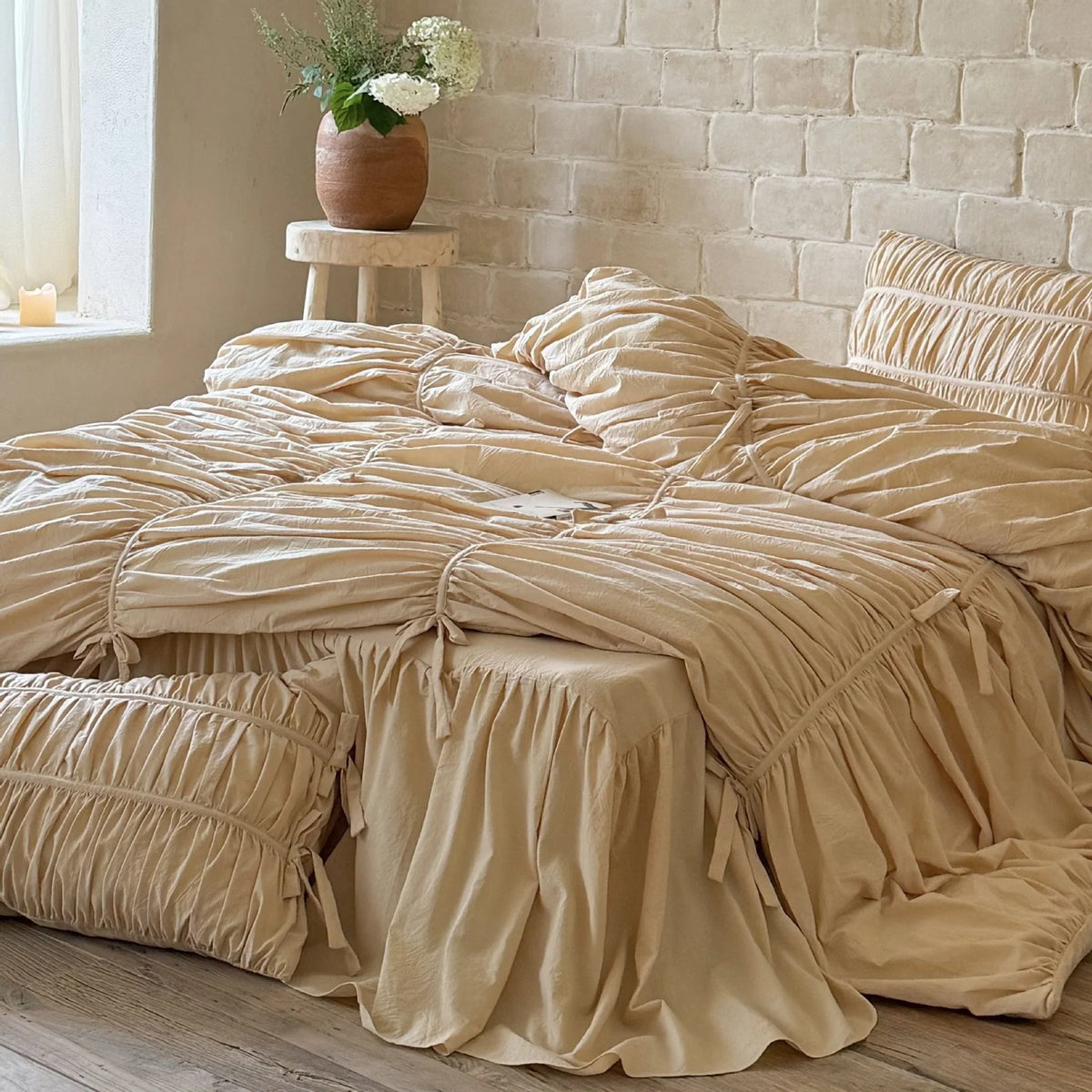 Bedding Set Gathered Ruffle Cotton Blend Machine Washable