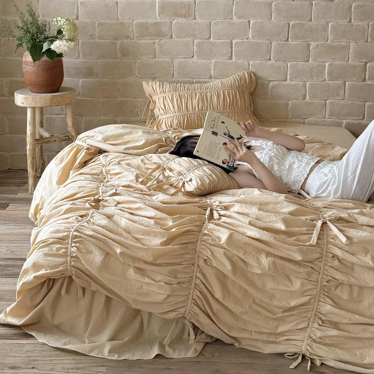 Bedding Set Gathered Ruffle Cotton Blend Machine Washable
