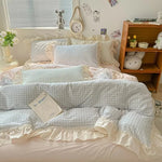 Bedding Set Gingham Ruffle Trim Cotton Microfiber Blend