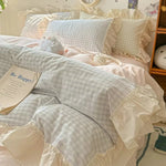Bedding Set Gingham Ruffle Trim Cotton Microfiber Blend