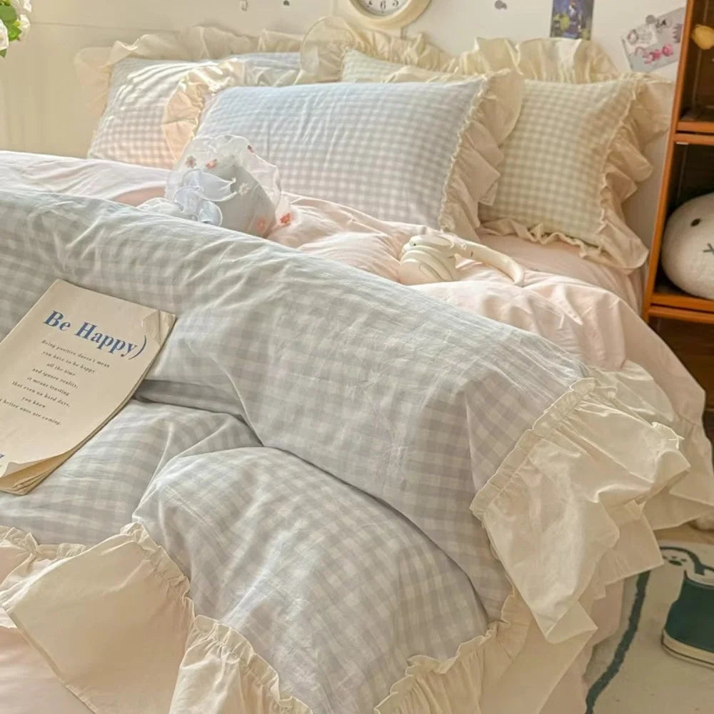 Bedding Set Gingham Ruffle Trim Cotton Microfiber Blend