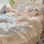 Bedding Set Gingham Ruffle Trim Cotton Microfiber Blend