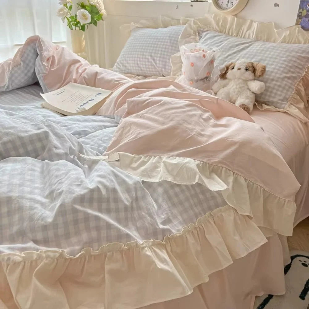 Bedding Set Gingham Ruffle Trim Cotton Microfiber Blend