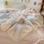 Bedding Set Gingham Ruffle Trim Cotton Microfiber Blend