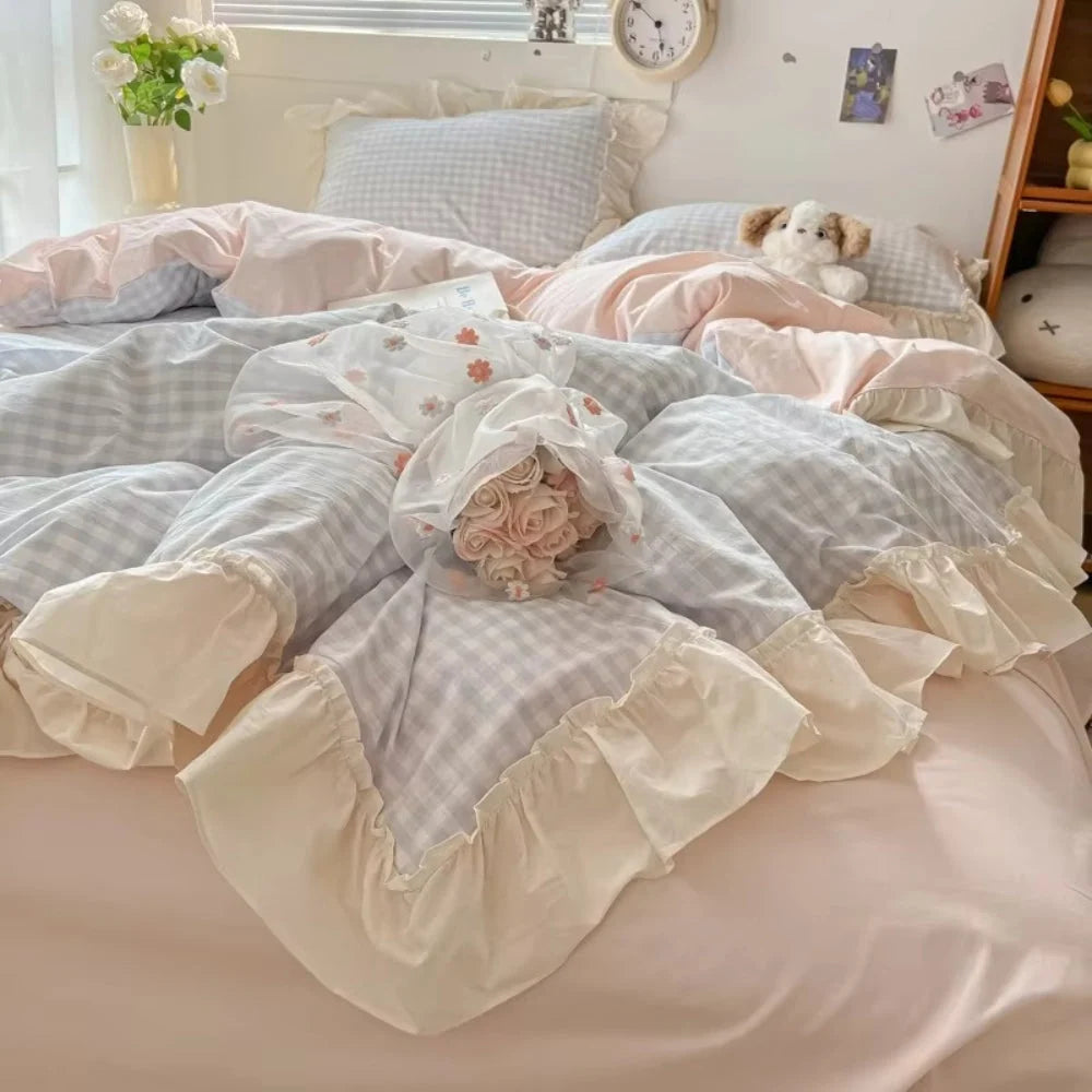 Bedding Set Gingham Ruffle Trim Cotton Microfiber Blend