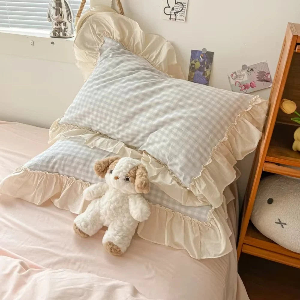 Bedding Set Gingham Ruffle Trim Cotton Microfiber Blend