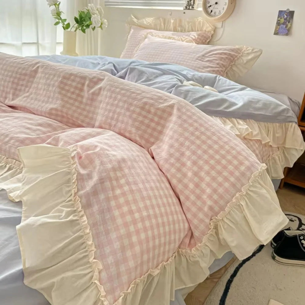 Bedding Set Gingham Ruffle Trim Cotton Microfiber Blend