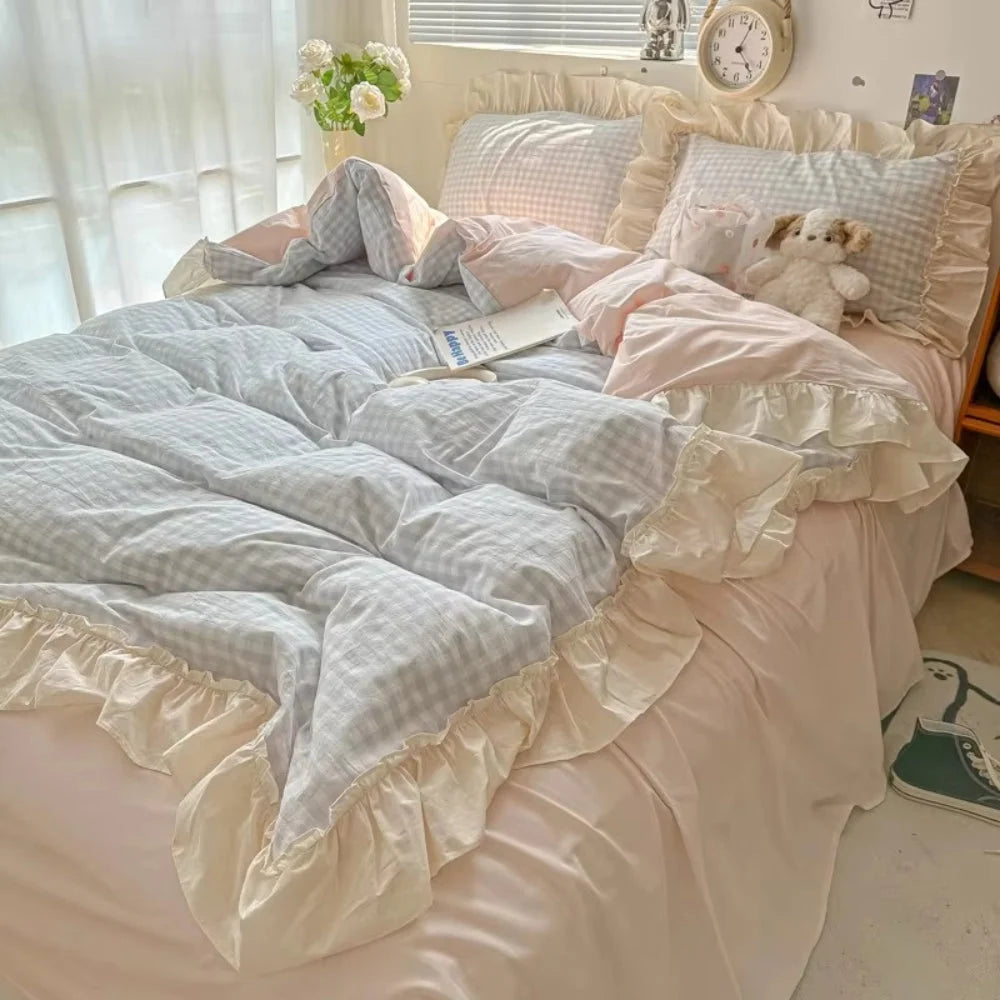 Bedding Set Gingham Ruffle Trim Cotton Microfiber Blend