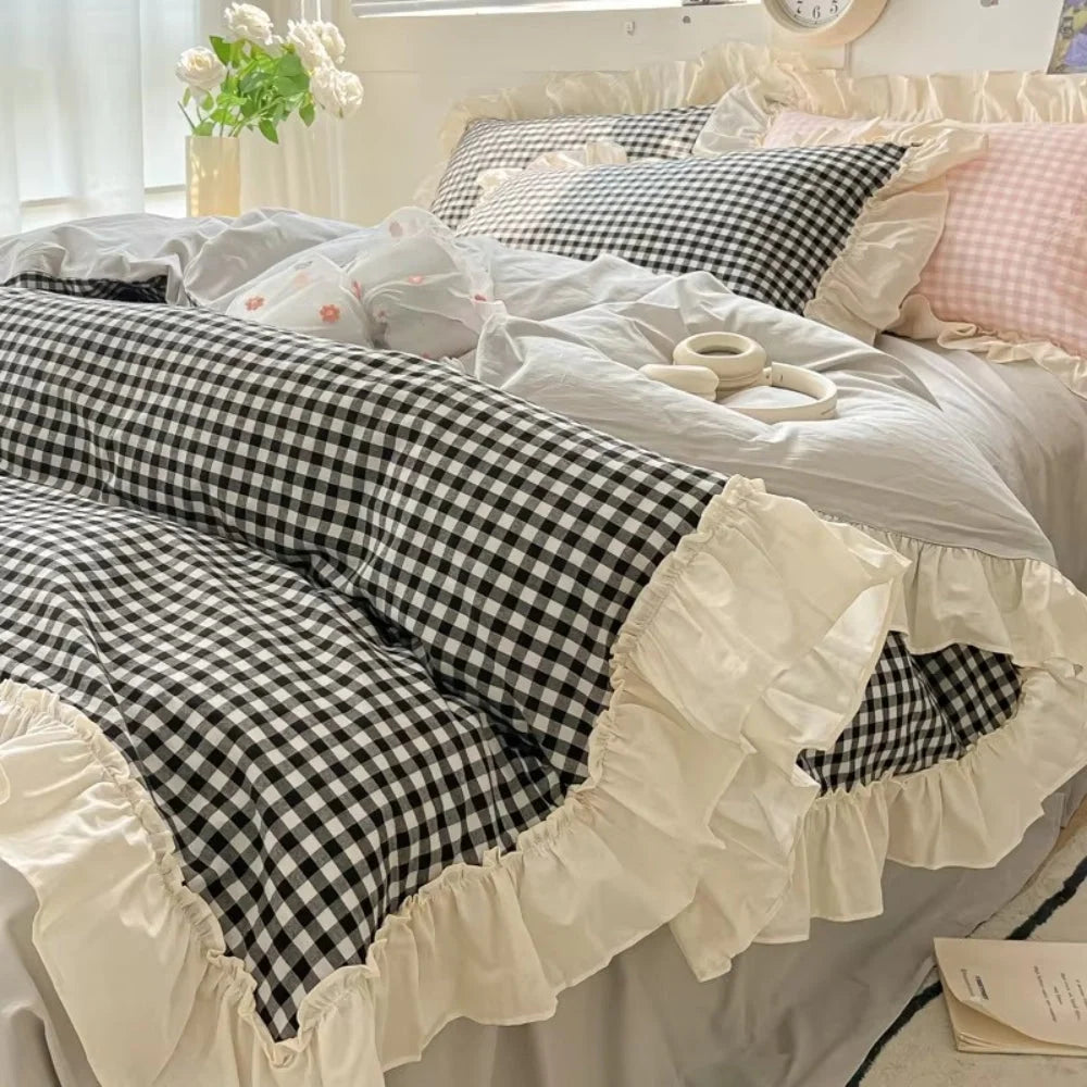 Bedding Set Gingham Ruffle Trim Cotton Microfiber Blend