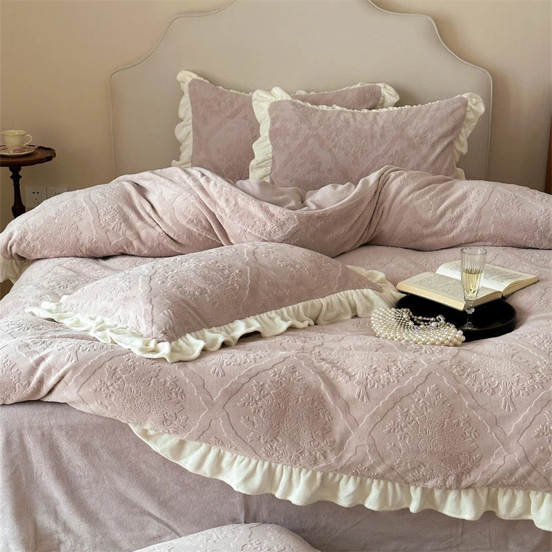 Bedding Set Jacquard Damask Ruffle Trim 4 Piece