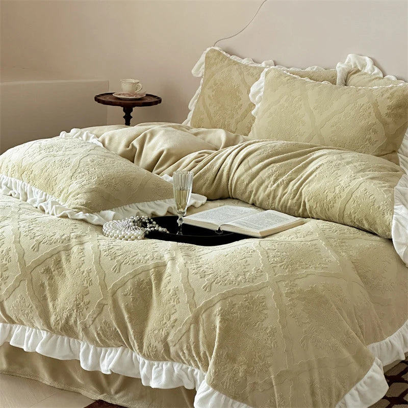 Bedding Set Jacquard Damask Ruffle Trim 4 Piece