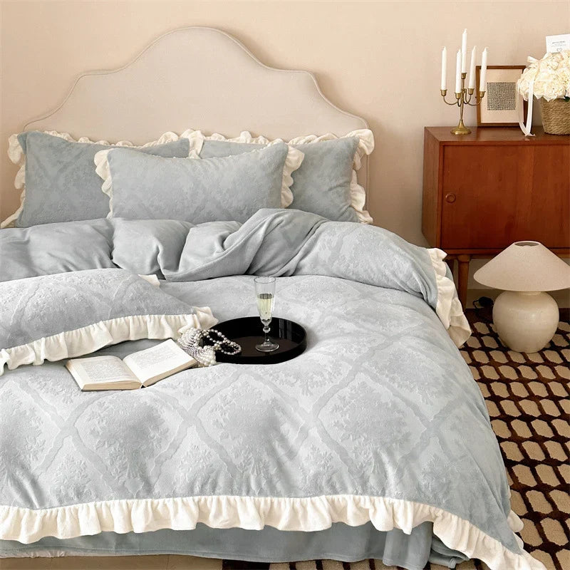 Bedding Set Jacquard Damask Ruffle Trim 4 Piece
