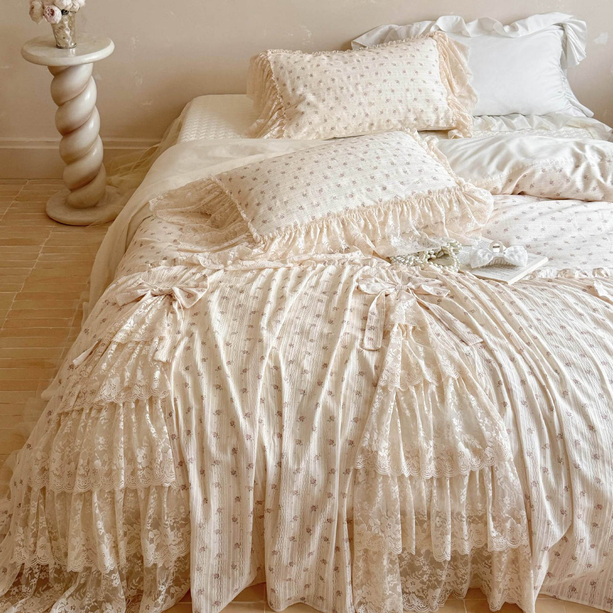 Bedding Set Lace Ruffle Cotton Blend 4-Piece With Bed Skirt