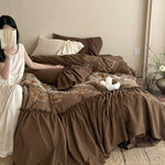 Bedding Set Leaf Embroidered Cotton Blend & Ruffled Pillowcases