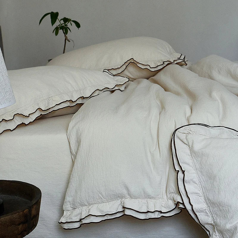 Bedding Set Linen Cotton Blend Ruffled Edge Throw Included
