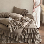 Bedding Set Linen-Look Multi-Layer Ruffles 4-Piece