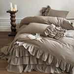 Bedding Set Linen-Look Multi-Layer Ruffles 4-Piece