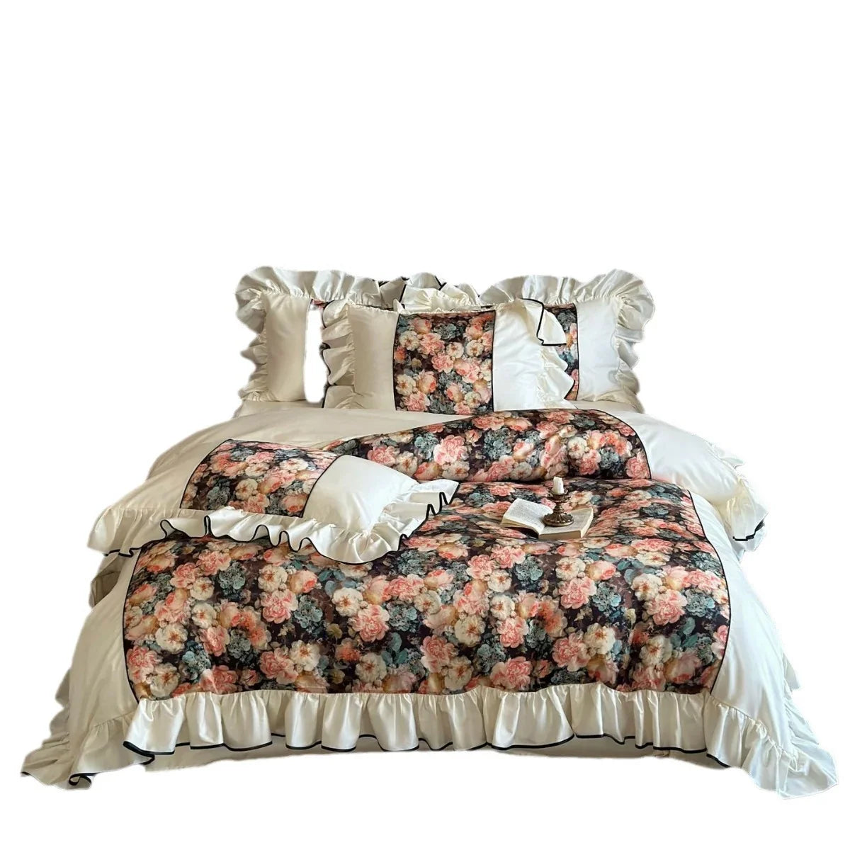 Bedding Set Long-Staple Cotton Satin Ruffles & Black Piping