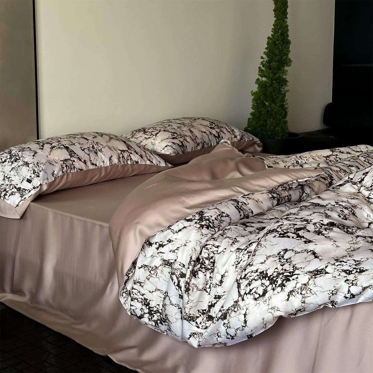 Bedding Set Marble Print Cotton Satin Breathable Hotel Closure