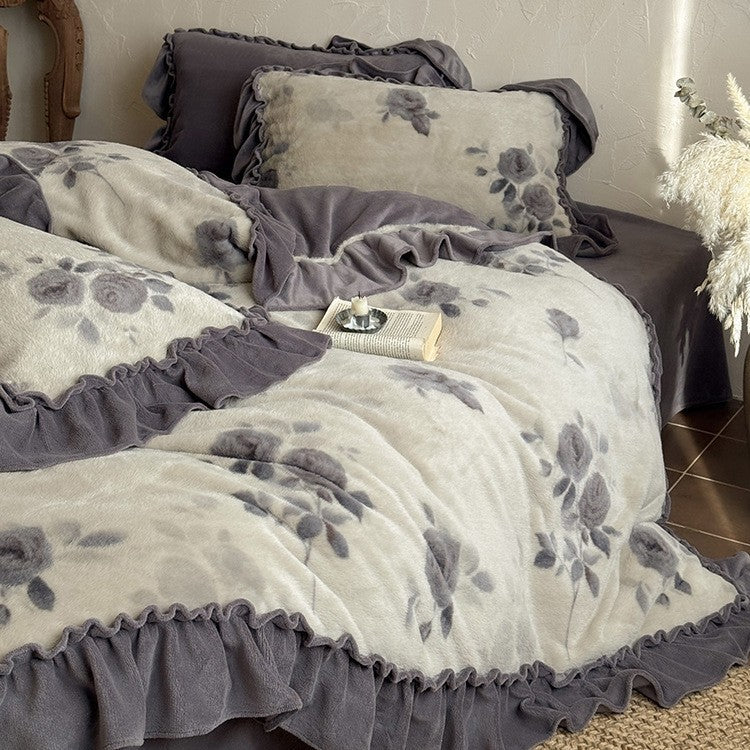 Bedding Set Microfleece Floral Velour 4-Piece Set