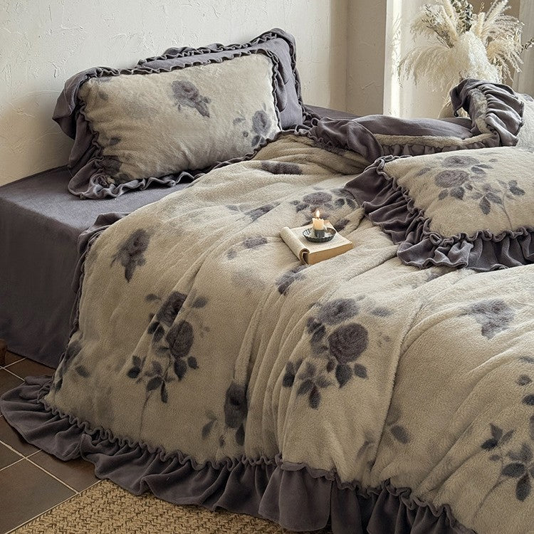 Bedding Set Microfleece Floral Velour 4-Piece Set