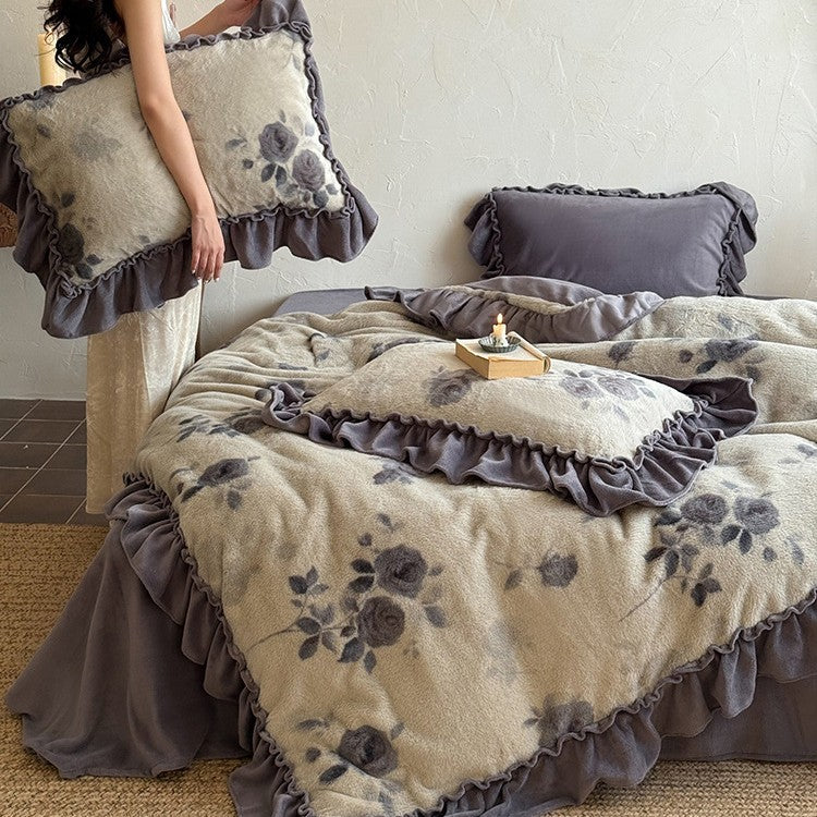 Bedding Set Microfleece Floral Velour 4-Piece Set