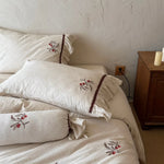 Bedding Set Natural Linen Cherry Embroidery & Ruffled Edge