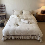 Bedding Set Natural Linen Cherry Embroidery & Ruffled Edge