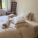 Bedding Set Natural Linen Cherry Embroidery & Ruffled Edge