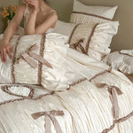 Bedding Set Pleated Ruffles & Bow Accents Cotton Blend