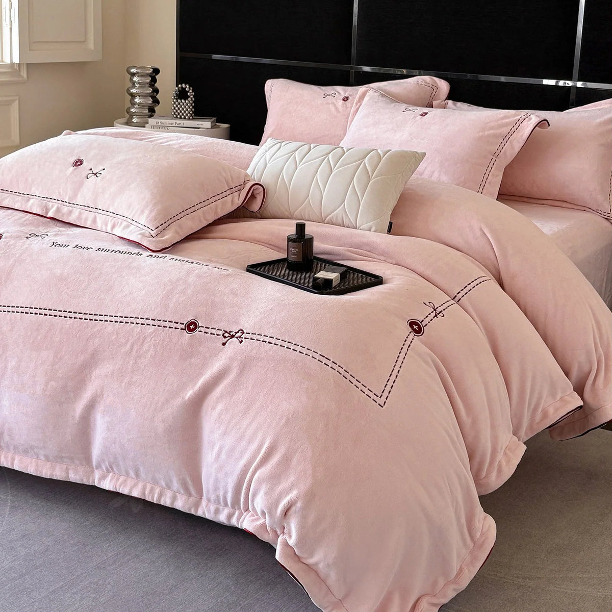 Bedding Set Plush Microfiber Embroidered Button Detail