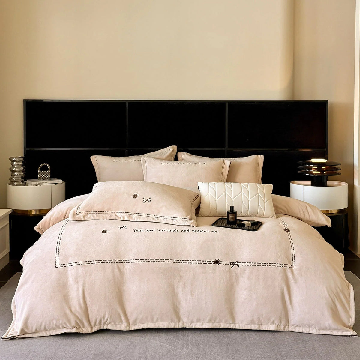 Bedding Set Plush Microfiber Embroidered Button Detail