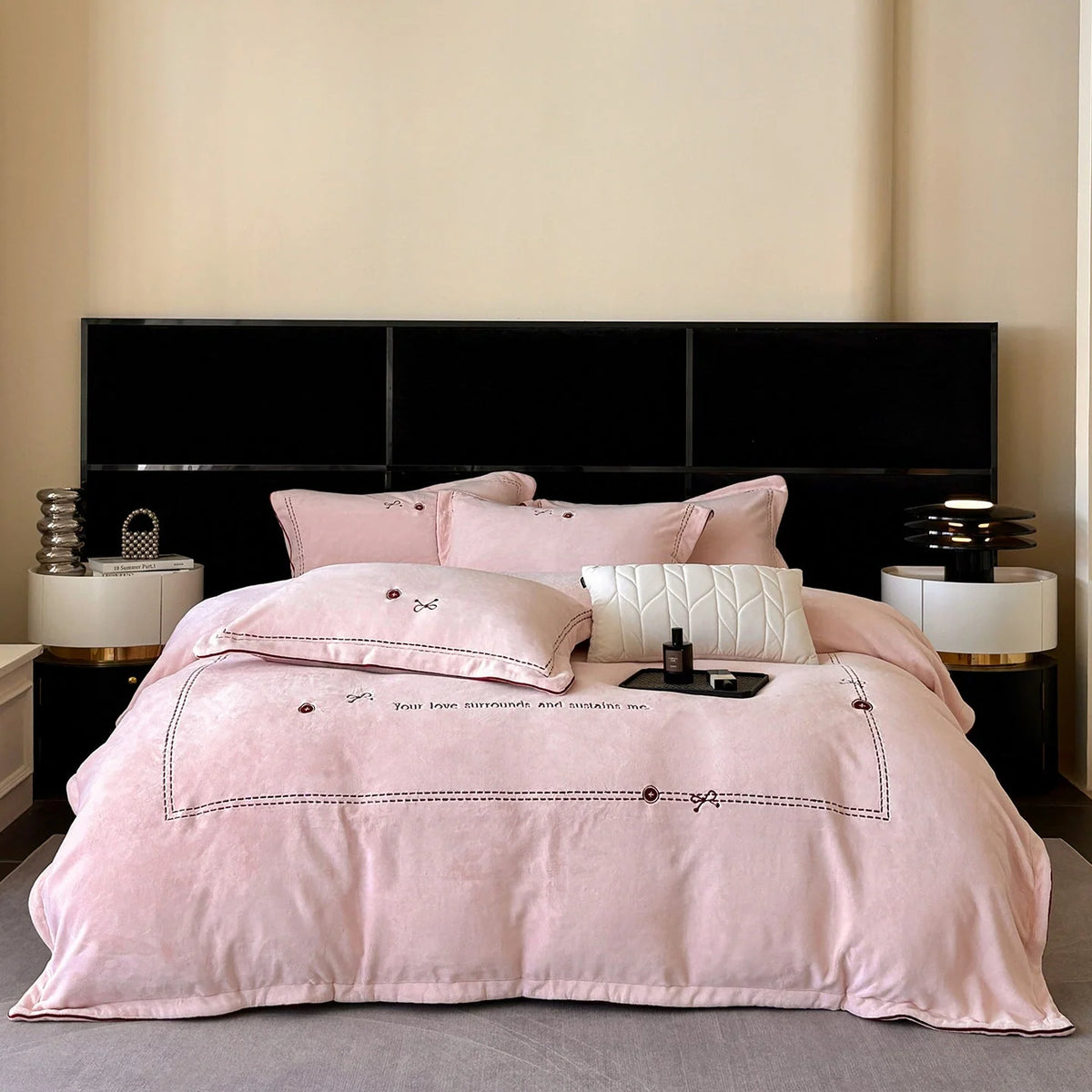 Bedding Set Plush Microfiber Embroidered Button Detail