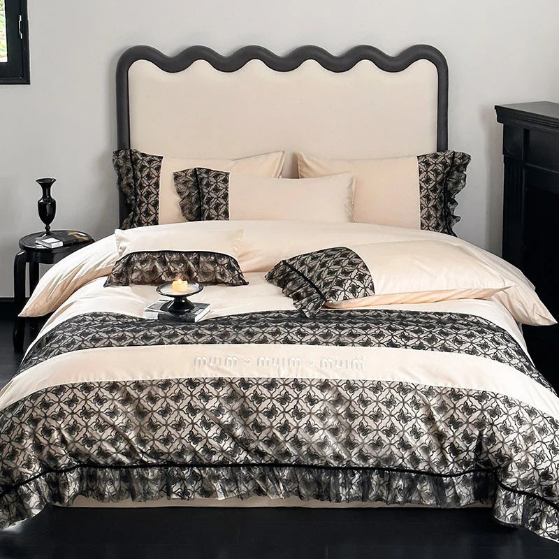 Bedding Set Reversible Cotton Satin Jacquard Borders & Ruffles