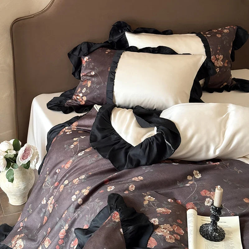 Bedding Set Reversible Cotton Satin Ruffle Trim Four-Piece