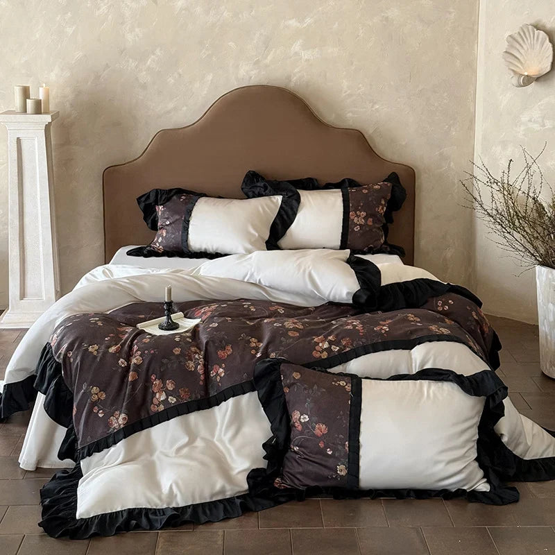 Bedding Set Reversible Cotton Satin Ruffle Trim Four-Piece