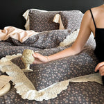 Bedding Set Reversible Floral Jacquard Lace Ruffle
