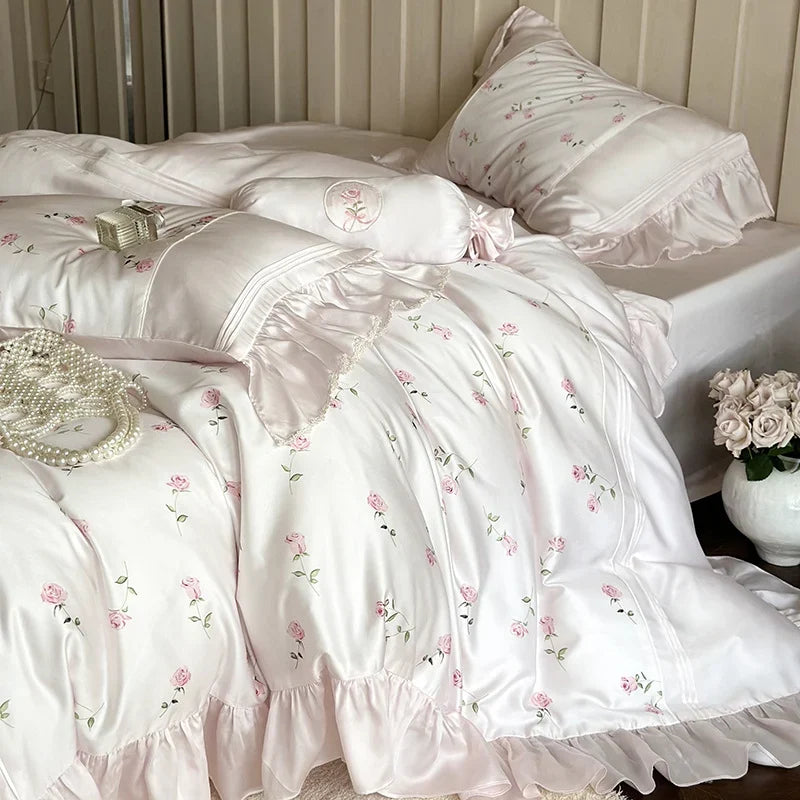 Bedding Set Rose Embroidery & Double Ruffle 4-Piece