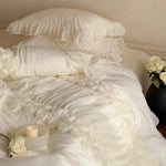 Bedding Set Ruffled Edges & Rose Appliqués Machine Washable