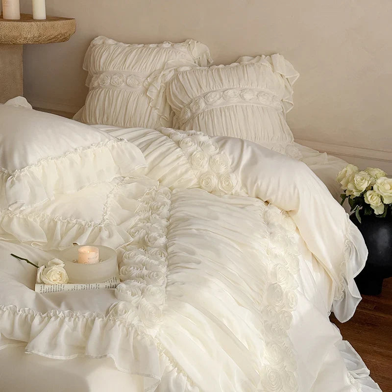 Bedding Set Ruffled Edges & Rose Appliqués Machine Washable