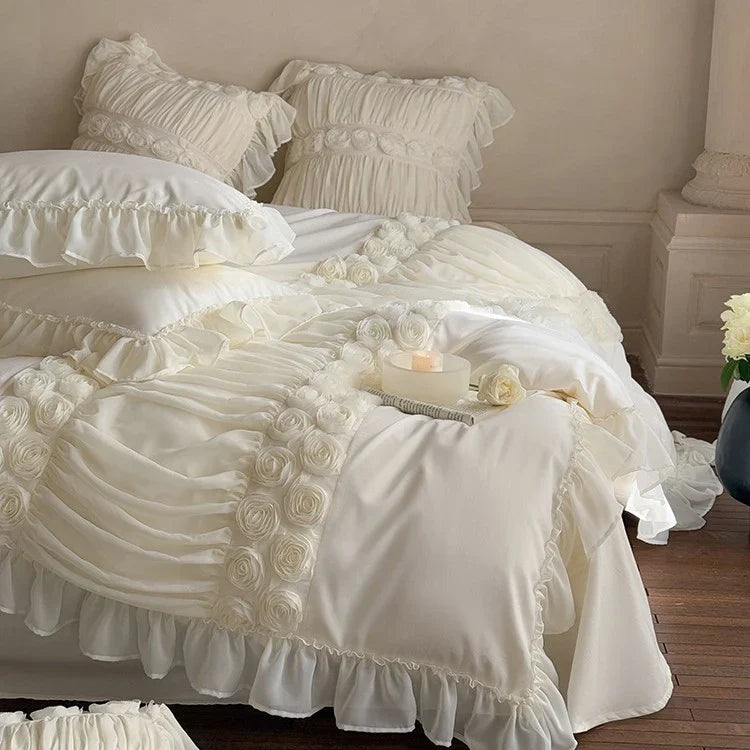 Bedding Set Ruffled Edges & Rose Appliqués Machine Washable