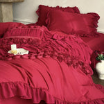 Bedding Set Ruffled Edges & Rose Appliqués Machine Washable