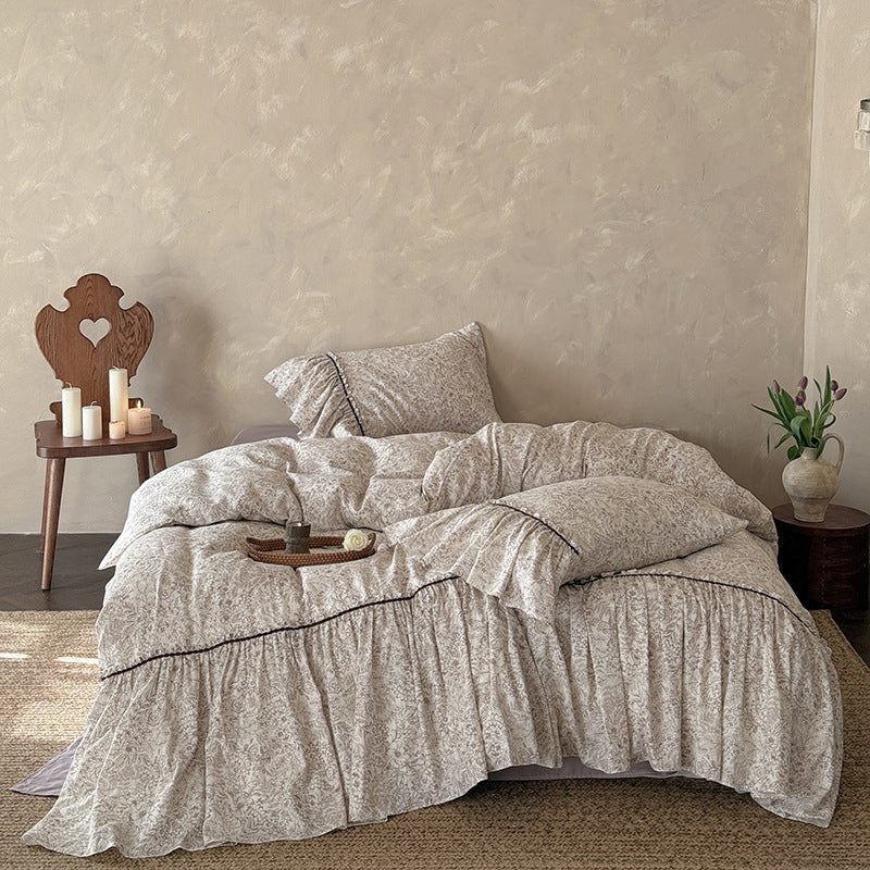 Bedding Set Ruffled Hem & Floral Breathable Cotton Blend