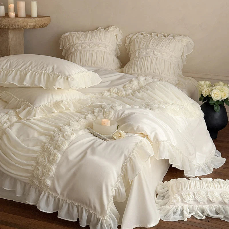 Bedding Set Ruffled Rose Appliqués 4-Piece