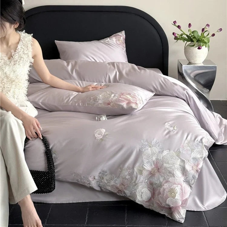 Bedding Set Satin Breathable Floral Relief Embroidery