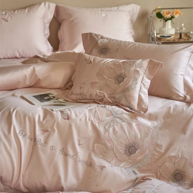 Bedding Set Satin Breathable Floral Relief Embroidery